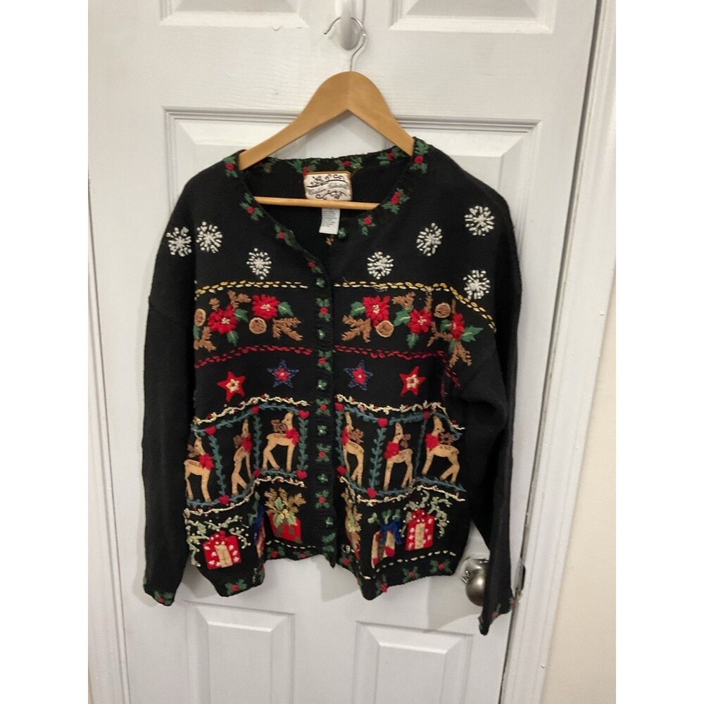 Heirloom Collectibles Christmas Sweater Cardigan L Reindeer Embroidered